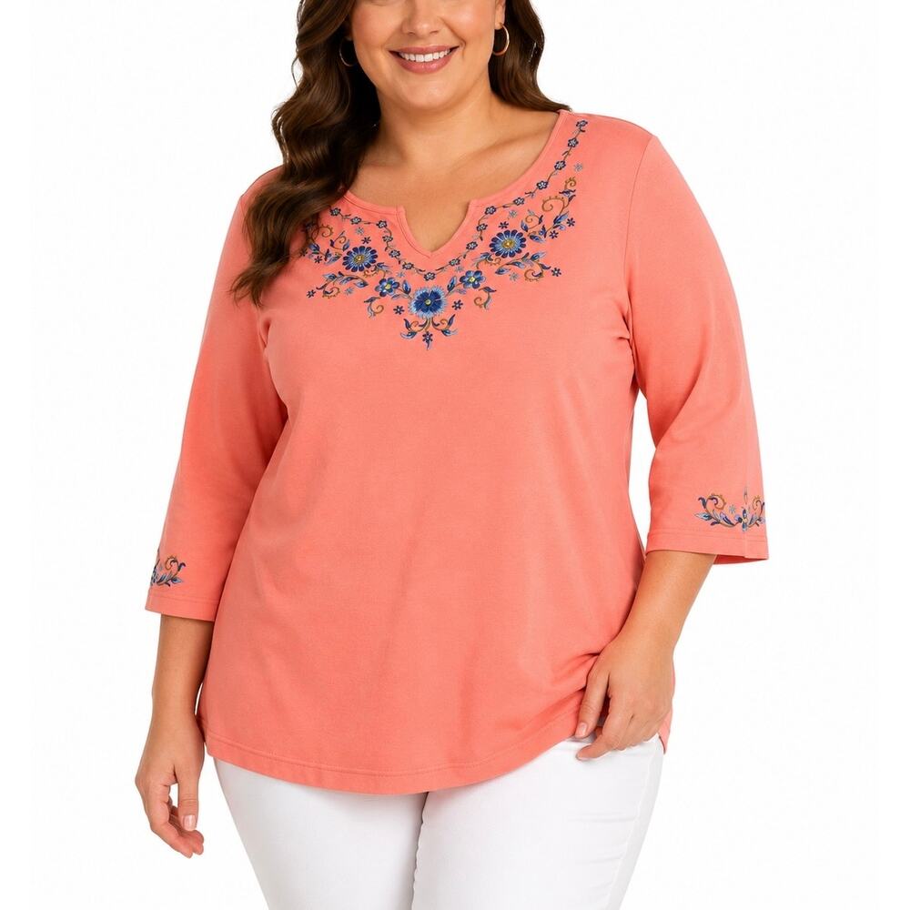 Quacker Factory Salmon Pink Embroidered Floral Tunic Top Blue Beaded Accent 2X